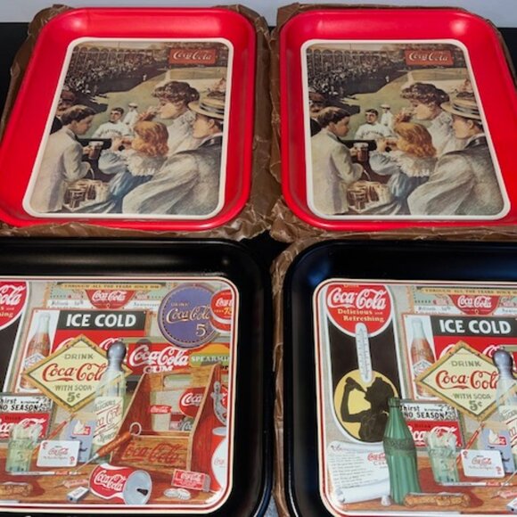 Set of 4 vintage Coca-Cola serving trays with classic designs  NEW 13.5" x 10.5" - Picture 1 of 6